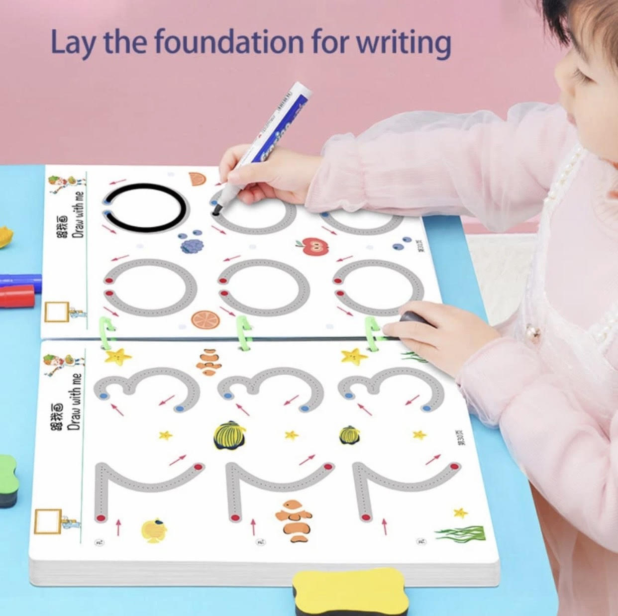 A4 Kids Educational Learning Tracing Book ( 64 Pages) With Two Markers Duster Attached