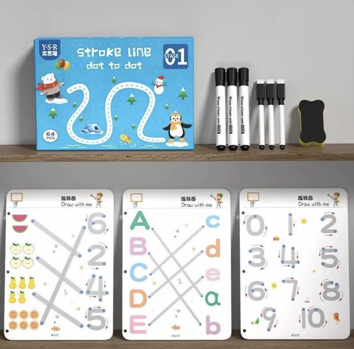 A4 Kids Educational Learning Tracing Book ( 64 Pages) With Two Markers Duster Attached